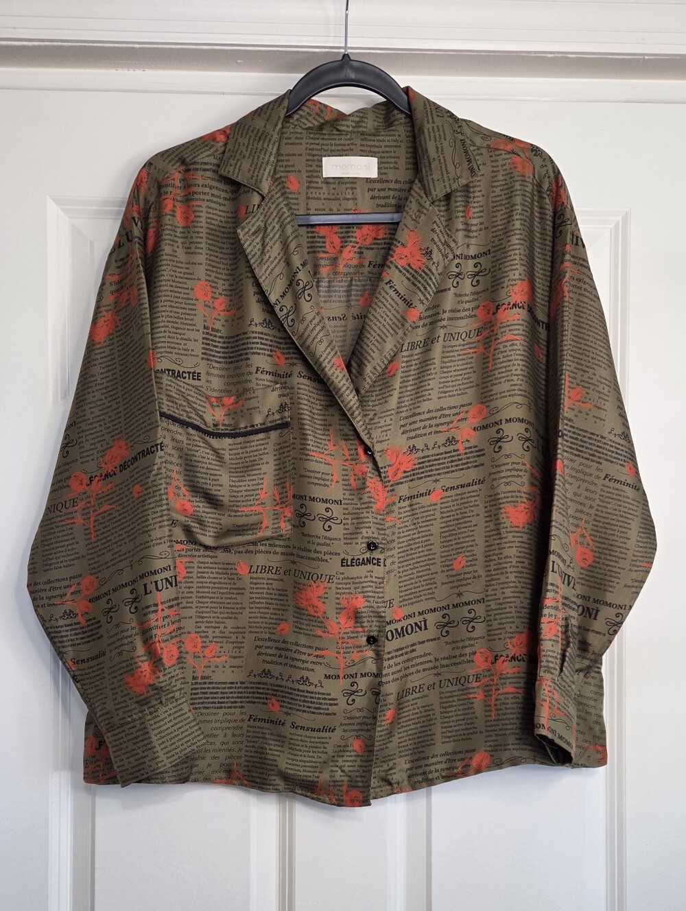 Momoni Olive & Red Italian Silk Newspaper Print Blouse - Size 42 (US M)